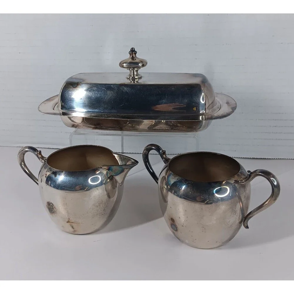Wallace Silverplate Lot Creamer Sugar Bowl Butter Tray Dish With Glass Insert